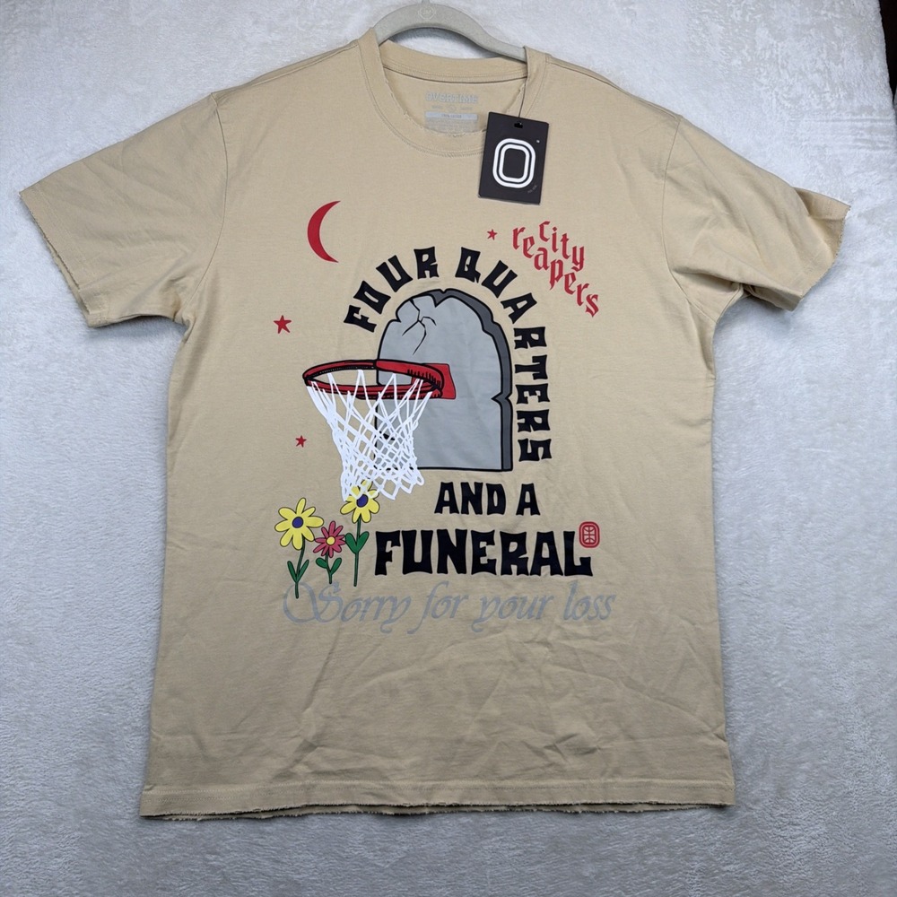 Overtime Four Quarters Funeral Basketball Graphic T-Shirt Men's L Beige NWT